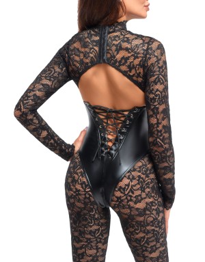 Combinaison Corset Enigma Dentelle & Wetlook – NOIR Handmade