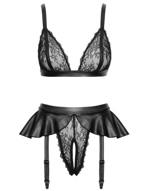 Soutien-gorge et slip fendu à jarretelles noir - Cottelli LINGERIE