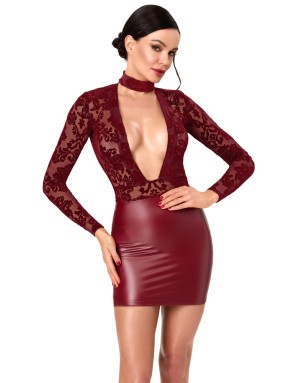 Robe courte bordeaux moulante Noir Handmad avec col choker
