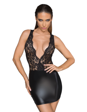 F214 Minirobe en Powerwetlook et dentelle avec décolleté profond dans le dos