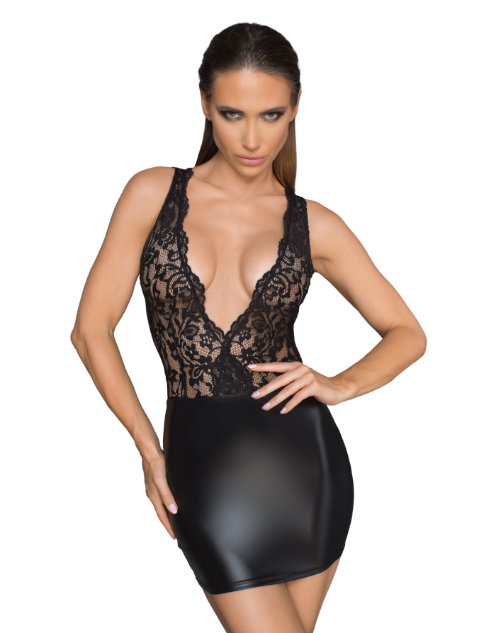 F214 Minirobe en Powerwetlook et dentelle avec décolleté profond dans le dos